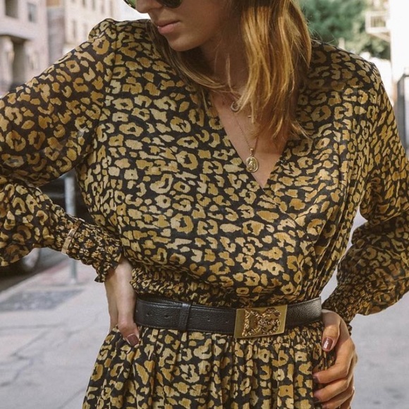 Who What Wear Long Sleeve V-Neck Sheer Leopard Animal Print Midi Dress - Picture 3 of 15